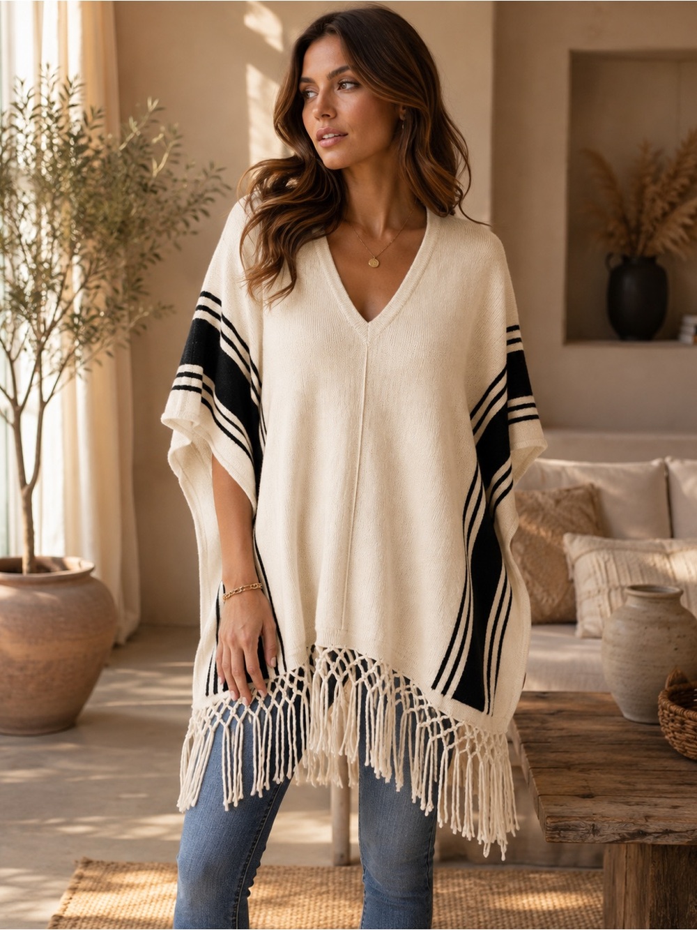 Autumn Cashmere 100% Cashmere Cream Black Fringe Poncho Sweater M/L